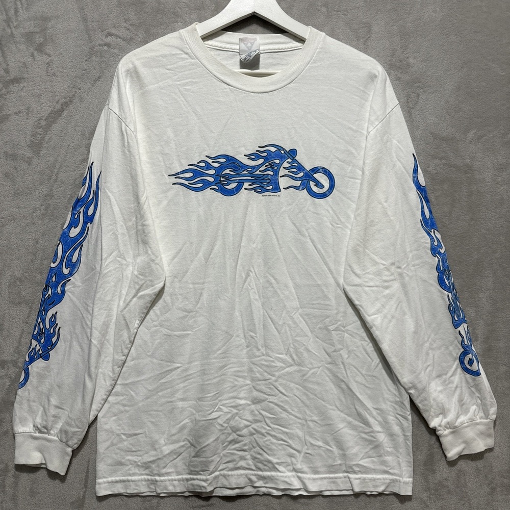 Vintage 2000 Flaming Chopper Long Sleeve T‎ Shirt Mens L Blue Flames Biker Print